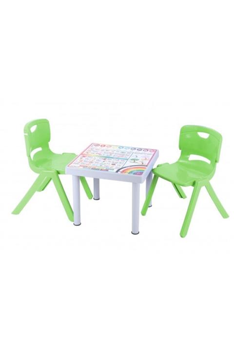 Sağlam Plastik Mandella Rubi Türkçe Desenli Çocuk Masası 2 Adet Nova Büyük Çocuk Koltuk Yeşil