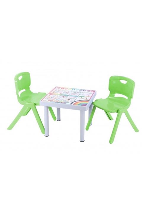 Sağlam Plastik Mandella Rubi Ingilizce Desenli Çocuk Masası 2 Adet Nova Büyük Çocuk Koltuk Yeşil