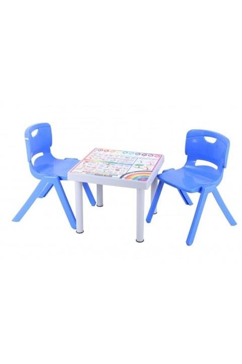 Sağlam Plastik Mandella Rubi Ingilizce Desenli Çocuk Masası 2 Adet Nova Büyük Çocuk Koltuk Mavi