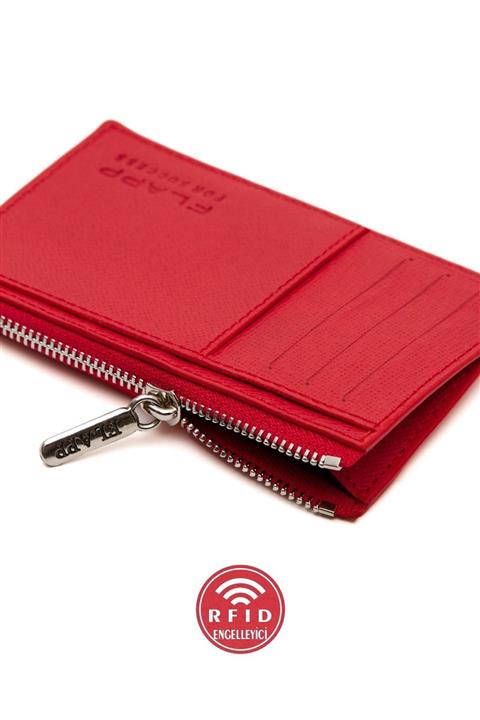 Flapp Hakiki Deri Desenli Kırmızı Rfıd Korumalı Engelleyici Fermuarlı Kadın Çanta Cüzdan