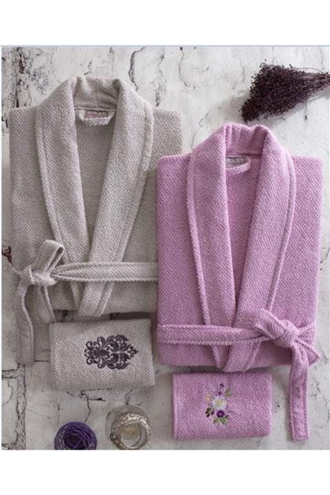 Soley Julie 4 Parça Nakışlı Aile Bornoz Seti Açık Gri Lila