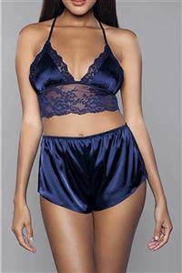 For Dreams Kadın Lacivert Dantel Detaylı Saten Bralet Sütyen Şort Takımı 8308