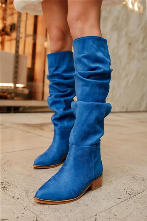 MYPOPPİSHOES Mavi Süet 3 Cm Topuk Kadın Çizme Sane