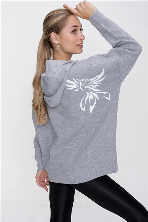 CHUBA Kadın Gri Dragon Jakar Desenli Kapüşonlu Daralan Kesim Oversize Triko Hoodie 22wk206