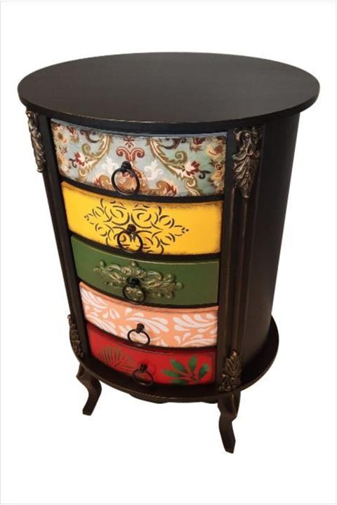 Döküntücü Komodin 5 Çekmeceli Oval Siyah