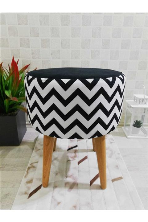 PufyHome Inka Zigzag Dekoratif Çok Amaçlı Gürgen Ayaklı Puf Sandalyekoltuk