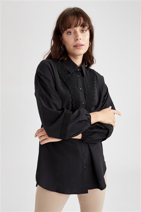 DeFacto Kadın Siyah Brode Detaylı Relax Fit Balon Kollu Poplin Gömlek Tunik W3639AZ21AU