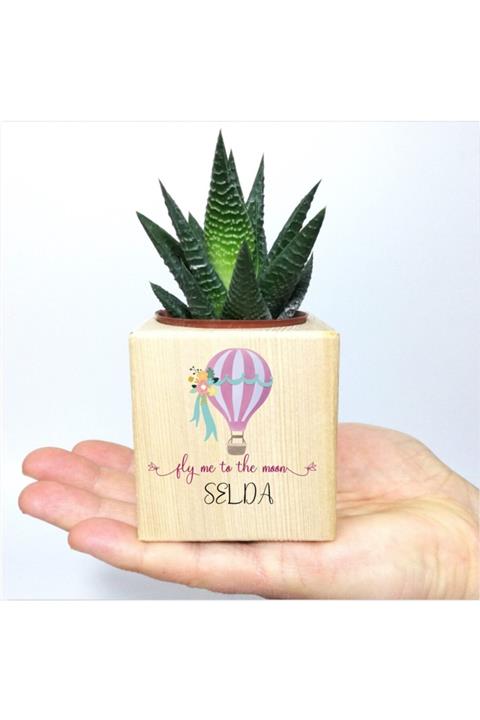 EHediyeci Kişiye Özel Romantik Temalı Ahşap Saksıda Sukulent