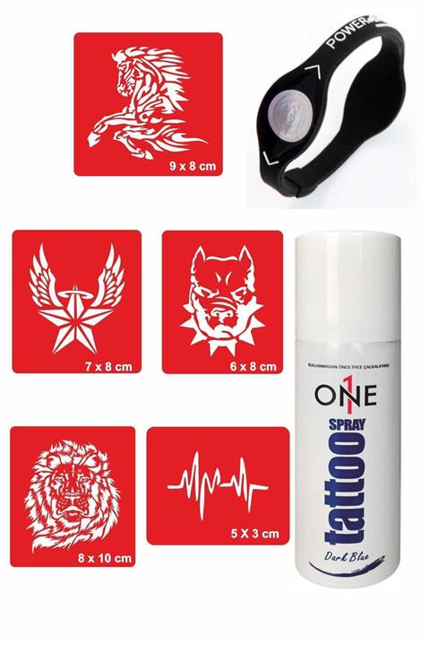 ONE SPRAY TATTOO Pitbul Aslan Geçici Dövme Seti Dark Sprey, 5 Desen Ve Denge Bilekliği