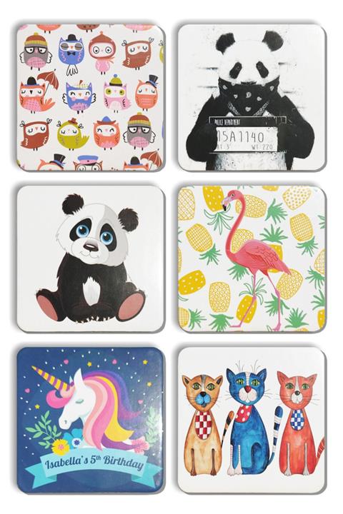 Mia Pera Kare Baykuş Panda Flamingo Unicorn Kediler İllüstrasyon Bardak Altlıkları 6'lı