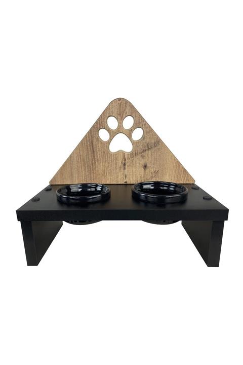 odunconcept Ahşap Desenli Seramik Kaseli Kedi Mama Kabı - Pati