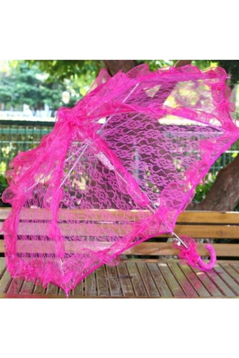 Techno phone Dekoratif Dantelli Düğün Ve Gelin Şemsiyesi Fuşya/koyu Pembe Renk 75cm