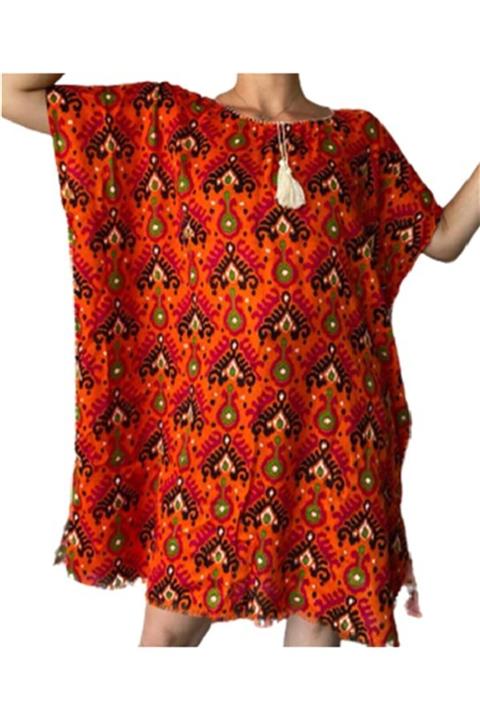 eLm Turuncu Salaş Püsküllü Pamuk Pareo Elbise