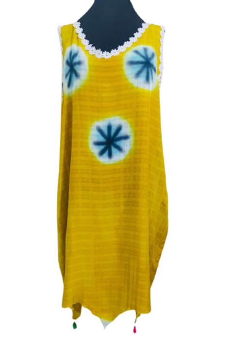 eLm Sarı Otantik Etnik Pamuklu Yakası Işlemeli Elbise