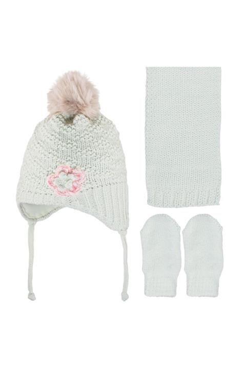 POKY BEBE Yeni Sezon Kız Bebek Çiçek Detaylı 0-18 Ay Kulaklı Polar Bere 3'lü Takım-2900-01