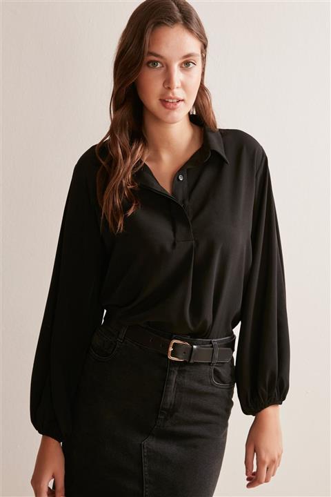 Jimmy Key Kadın Siyah Bol Kesim Uzun Balon Kollu Saten Gömlek