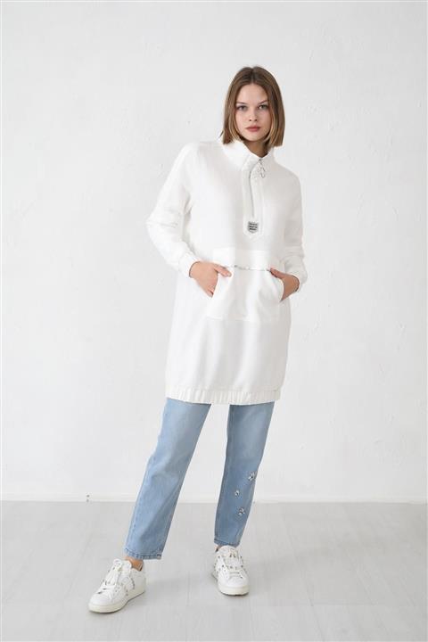 Moodbasic Kanguru Cepli Peluş Sweatshırt Ekru