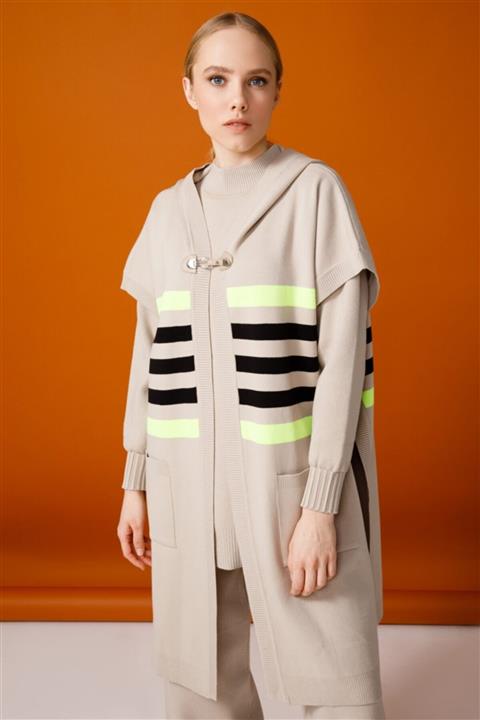 Ghisa Triko Çizgili Panço Neon Yeşil Bej