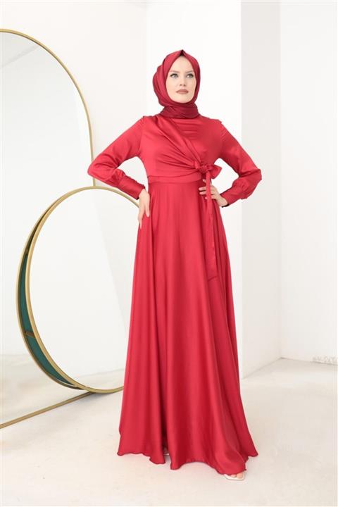 Hülya Keser Saten Bağlamalı Abiye - Kırmızı