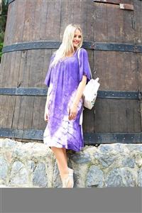 YILSOY TEKSTİL Kadın Mor Kısa Kollu Dantel Yaka Batik Plaj Elbisesi