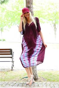 YILSOY TEKSTİL Kadın Bordo Kısa Kollu Dantel Yaka Batik Elbise