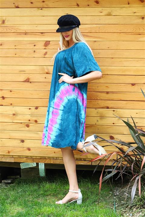 YILSOY TEKSTİL Kadın Yeşil Kısa Kollu Dantel Yaka Batik Elbise