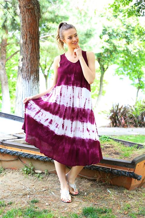 YILSOY TEKSTİL Kadın Bordo Uzun Çan Enine Desenli Batik Elbise