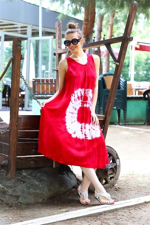 YILSOY TEKSTİL Kadın Kırmızı Uzun Çan Yuvarlak Desenli Batik Elbise