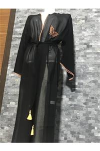 La Rita Home Plaj Elbisesi Kaftan Kimono Tarzı Siyah&turuncu %100 Pamuk Nakışlı