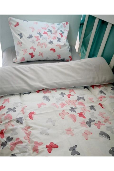 Bebek Özel %100 Pamuk Bebek/çocuk 70x120 Park Beşik Yastık Çarşaf Yorgan Pembe Kelebekli Gri