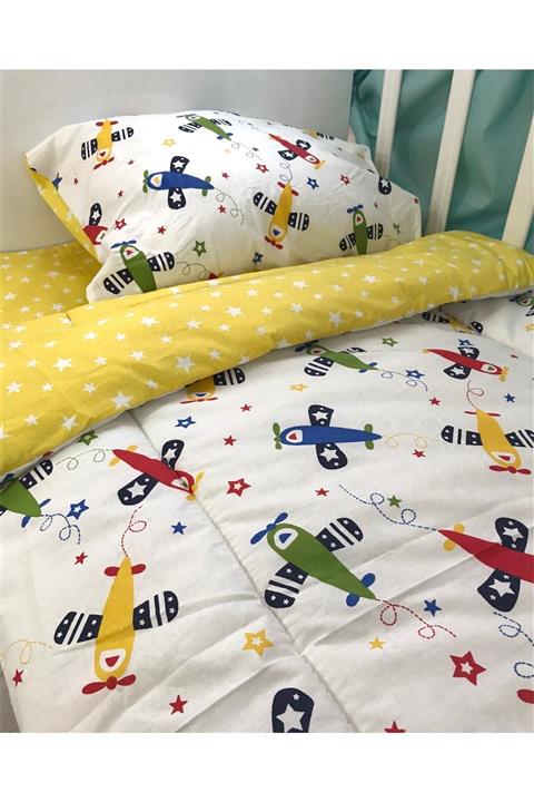 Bebek Özel %100 Pamuk Bebek/çocuk 70x130 Yastık Çarşaf Yorgan Uçaklı Sarı Yıldızlı