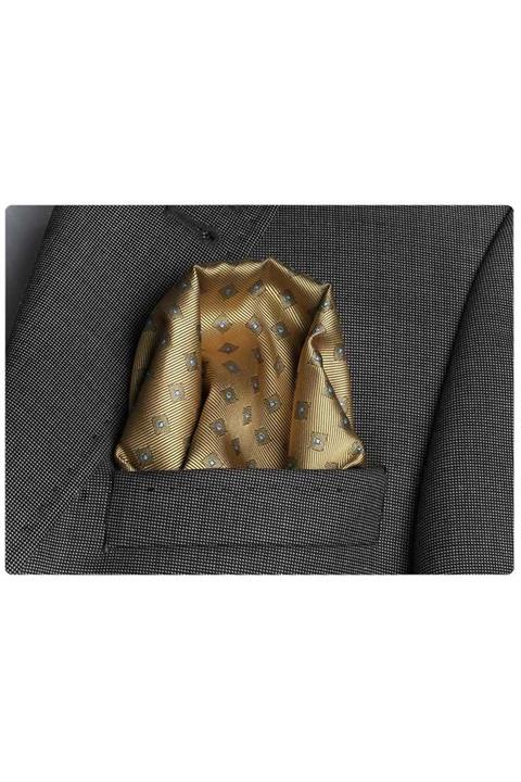 Exve Exclusive Erkek Mavi Kareli Altın Rengi Cep Yaka Mendili