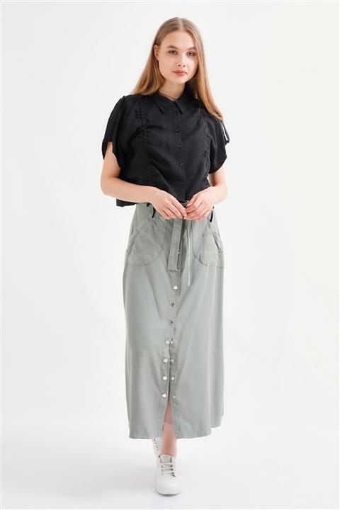 Wathka Kadın Haki Tensel Çıtçıt Detaylı Cepli Etek