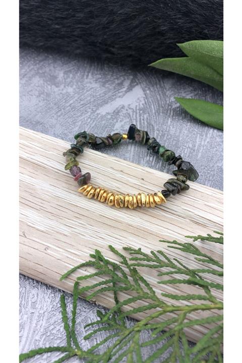 Joel Jewelry El Yapımı Yeşil Turmalin Taşlı Altın Kaplamalı Detay Gümüş Bileklik