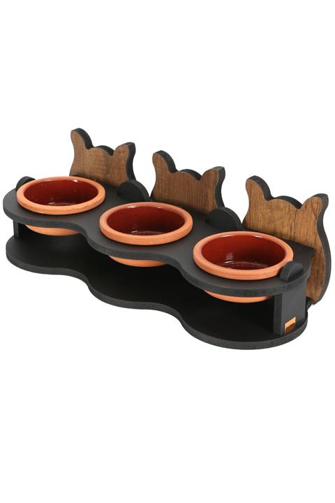 HobiMax Ahşap, Sırlı Çömlek Kaseli (organik) 3'lü Kedi Mama Ve Su Kabı 3