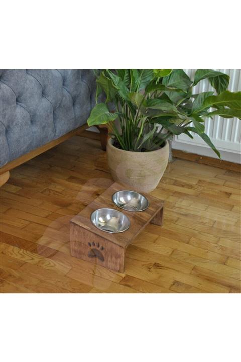 demsa Çelik Kaseli Pati Desenli Ahşap Kedi Köpek Mama Ve Su Kabı 10cm X 14cm X 33cm