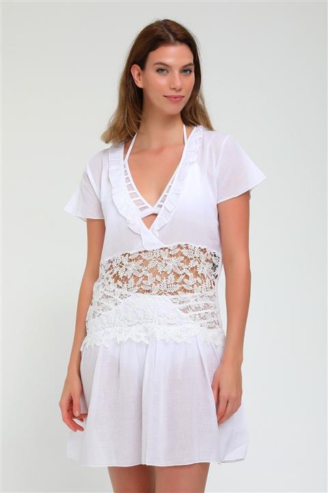 Malven Kadın Beyaz V Yaka Plaj Elbisesi