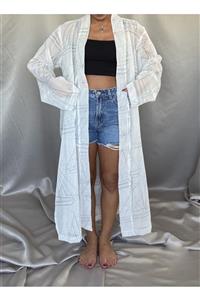TUNİKSALVAR BY MELEK GÜVEN Tuniksalvar Keten Şifon Beyaz Gri Yelken Desenli Kaftan Tunik Pareo