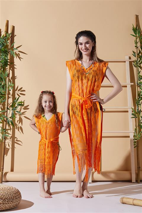 MODAFABRİK Happy Turuncu Anne Çocuk Plaj Elbisesi