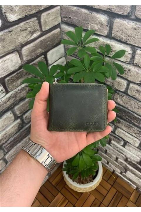 GUARD Antik Yeşil Fermuarlı Yatay Mini Deri Cüzdan