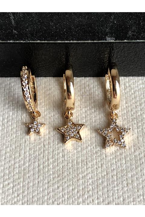 Di Amore Accessorise Kadın Zirkon Taş Üçlü Yıldız Model Gold Küpe Seti