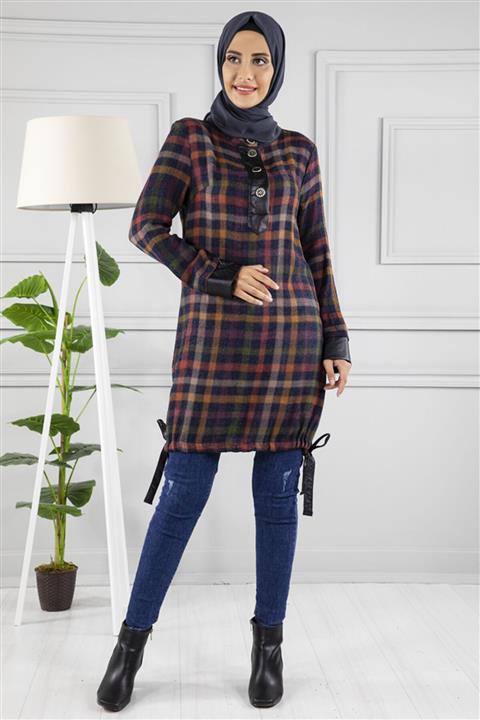 ShopYeri Hakim Yaka Deri Detaylı Tunik Tarçın