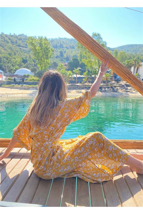 KYLEEN Marakeş Model Sarı Çiçekli Kimono