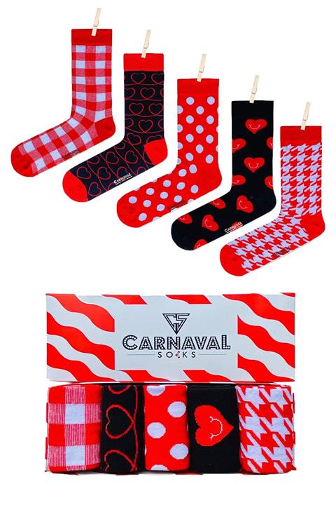 CARNAVAL SOCKS 5'li Kırmızı Kalp Dama Tasarımlı Renkli Çorap Set