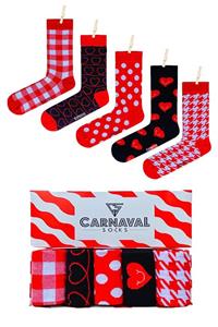 CARNAVAL SOCKS 5'li Kırmızı Kalp Dama Tasarımlı Renkli Çorap Set