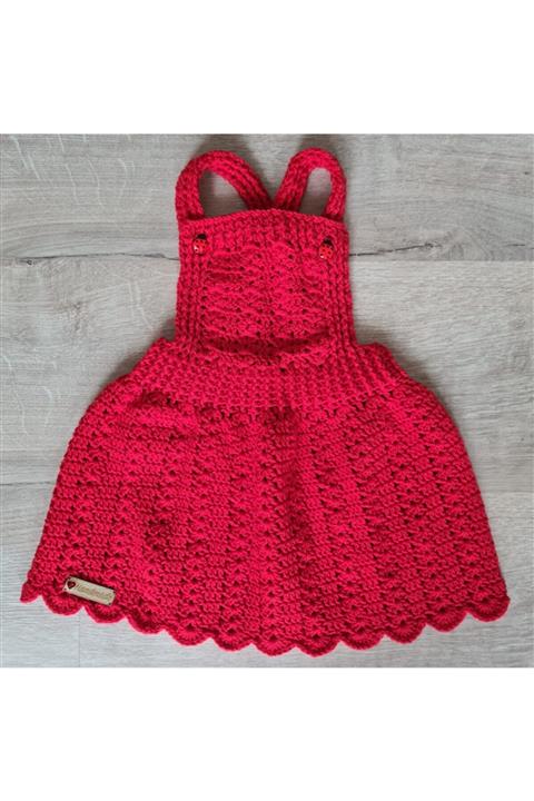 Atölye Tiktak Kız Çocuk Kırmızı Tığ İşi Salopet Elbise