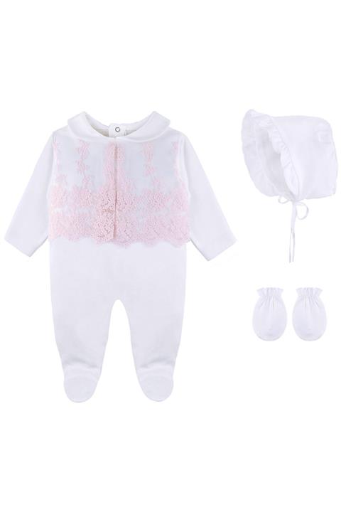 Lilax Bone Şapkalı Eldivenli Güpürlü 3 Parça Tulum Set