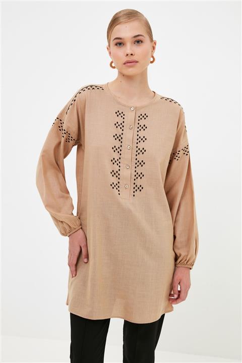 Trendyol Modest Taş Bisiklet Yaka Nakışlı Tesettür Tunik TCTSS21TN0327