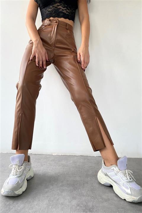 Eka Kadın Kahve Yırtmaçlı Deri Pantolon 0291-10084