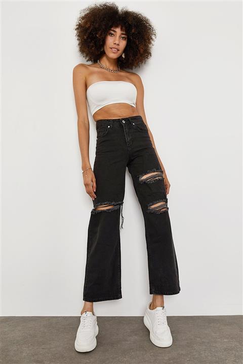 XHAN Siyah Yırtık Detaylı Yüksek Bel Pantolon 1yxk5-45121-02